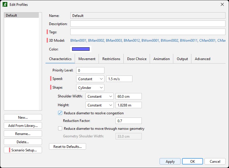 Color highlighting shows modified values in the Occupant Profiles dialog