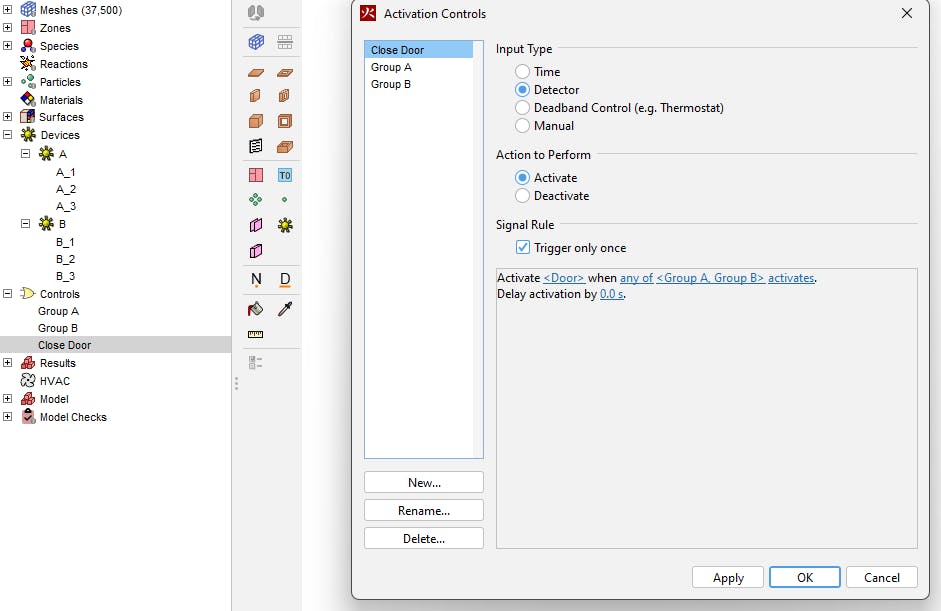 "Close Door" Control depends on any active devices within "Group A" and "Group B" Controls.