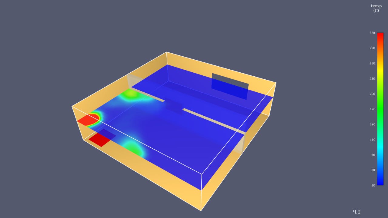 A 2D temperature slice shown in version 2021.1 of PyroSim.