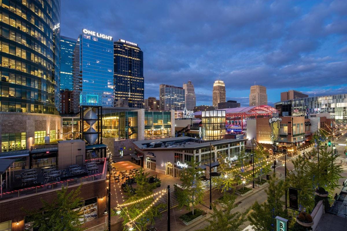 Image of Kansas City Power and Light District in the evening.