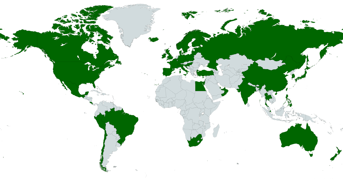 World map with colored countries for Thunderhead software customers.