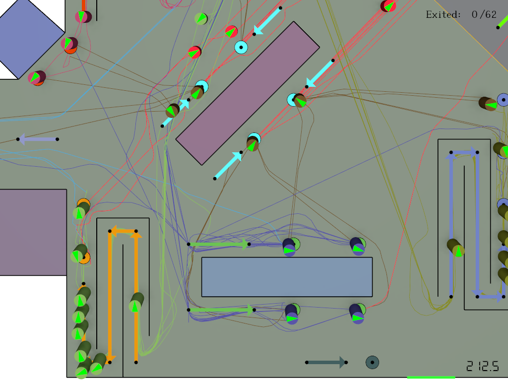 Screenshot of a Pathfinder simulation showing Occupants moving through a cafeteria with Occupant paths displayed.