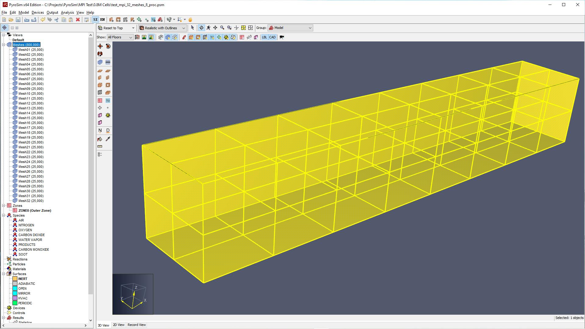 Simple model used to test 1 to 32 meshes with 0.8M to 6.4M cells.
